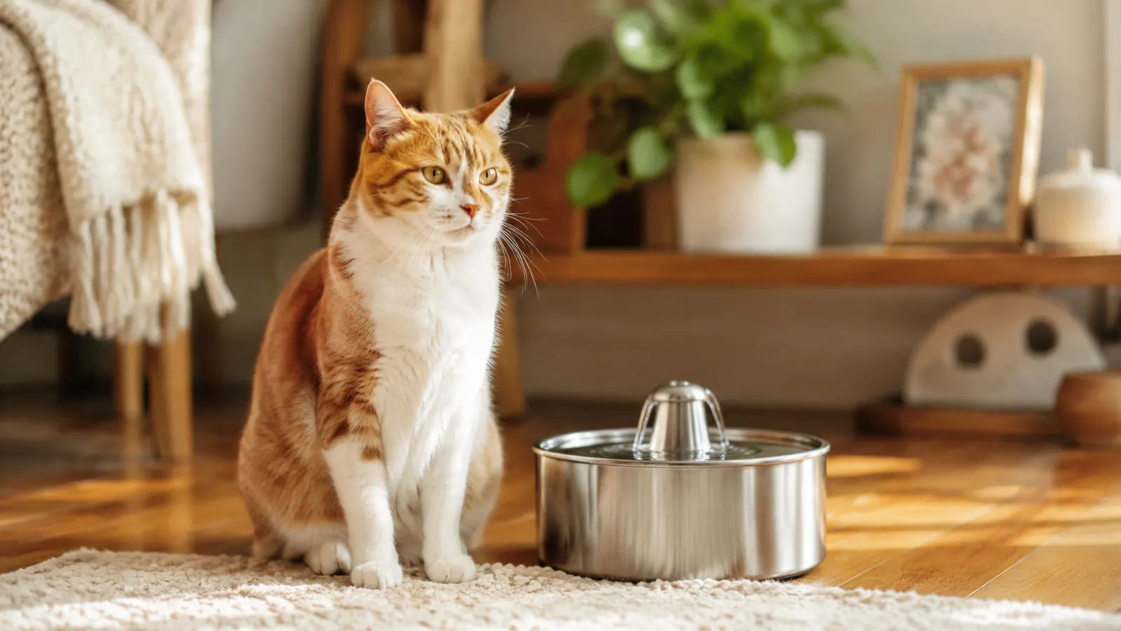 Orange tuxedo cat sitting next to a stainless steel water fountain in a bright sunlit room
