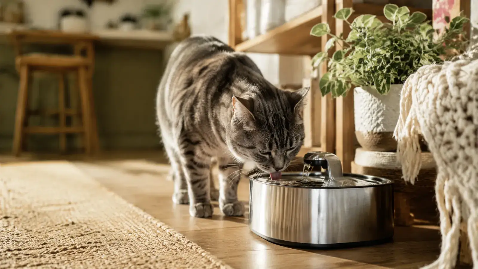 Gray tabby cat drinking from a flowing stainless steel cat water fountain on a kitchen countertop in warm morning light