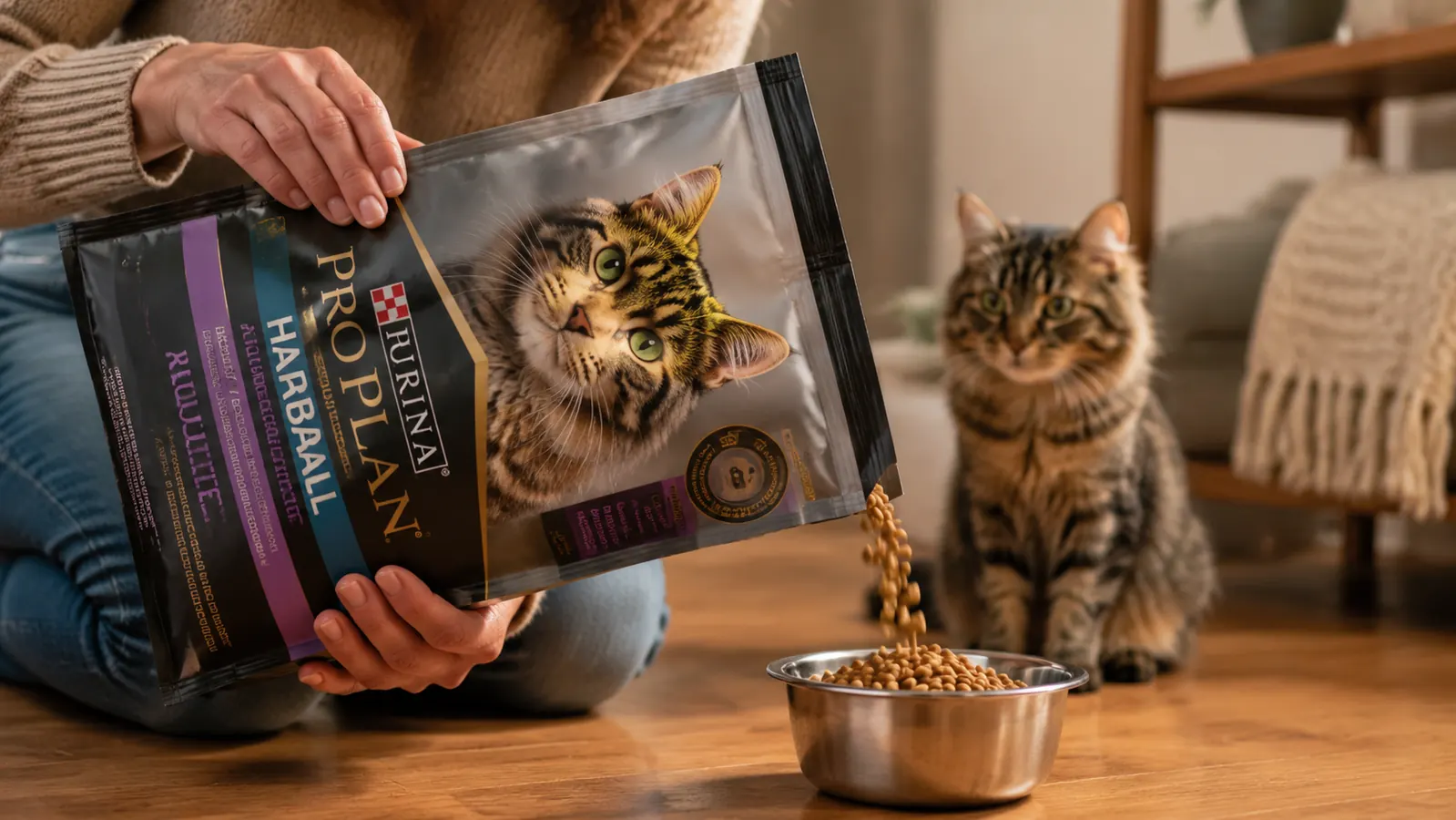 Hand pouring Purina Pro Plan kibble into a stainless steel cat bowl