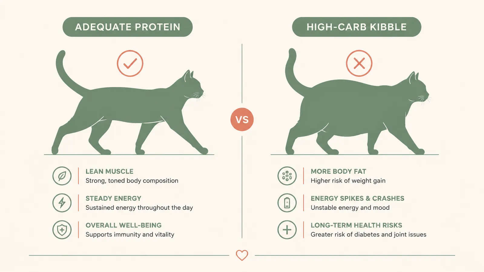 Side-by-side cat body condition chart comparing lean muscle cat to overweight cat