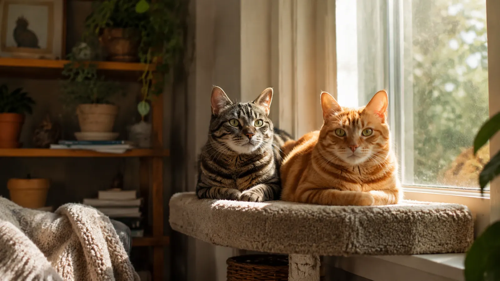 Orange and gray cats grooming each other on a sunlit window perch