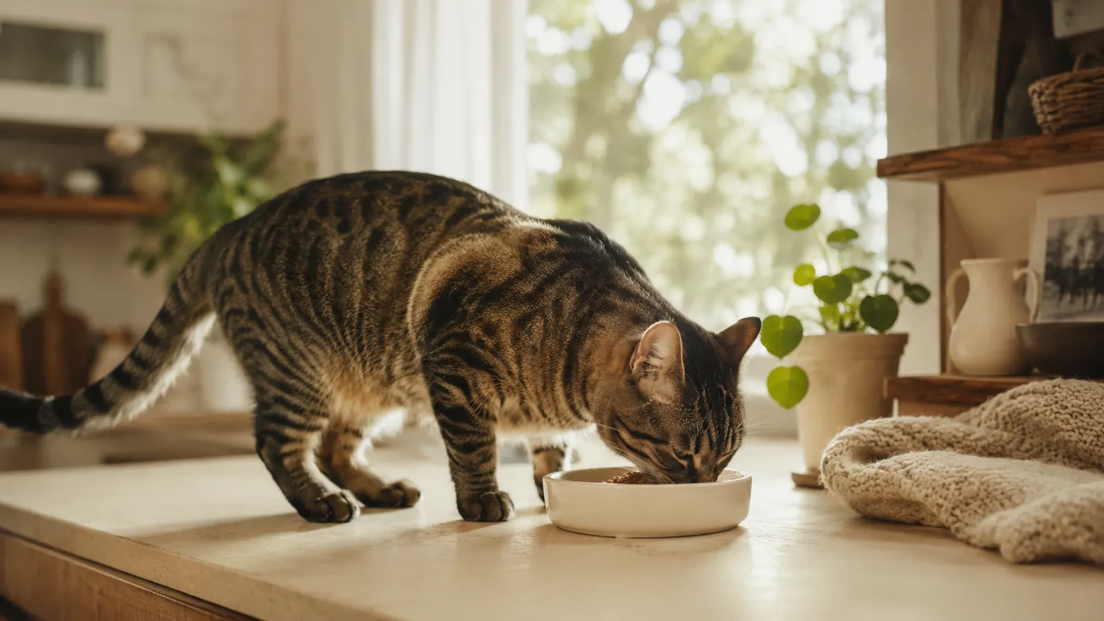 Healthy adult tabby cat eating from a ceramic bowl on a bright kitchen counter