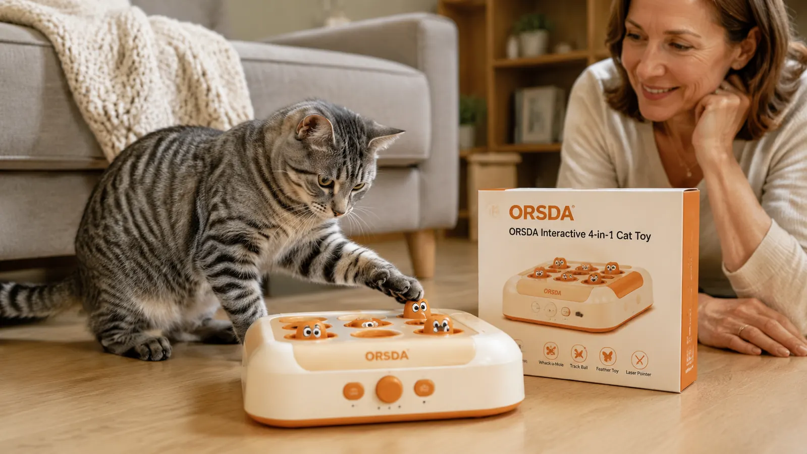 Gray tabby cat pawing at a pop-up mole toy on a cat activity station