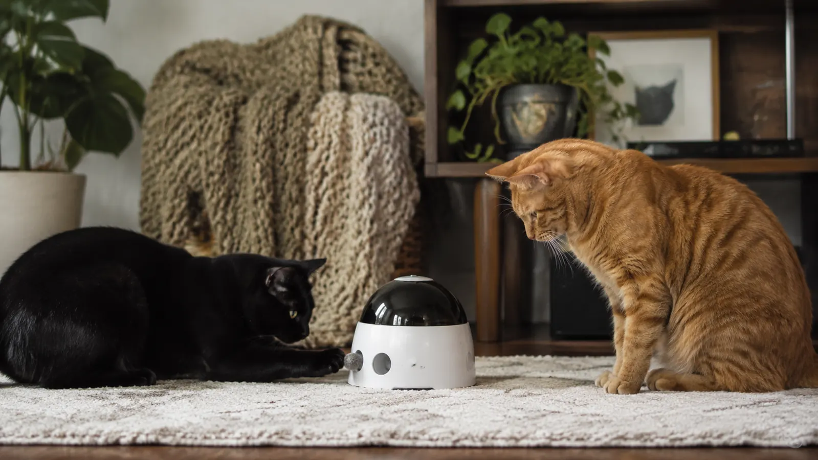 Two cats sitting near an automatic toy station, one watching the wand, one swatting at the base