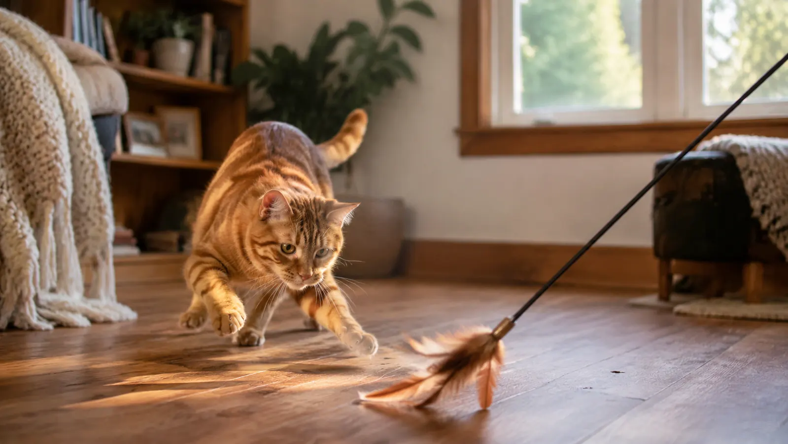 Orange tabby cat batting at a moving wand toy on a living room floor, afternoon light