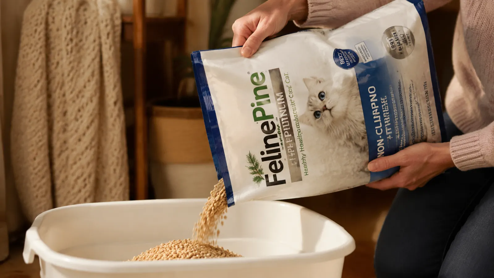 Hand pouring Feline Pine Platinum pellets into a litter box