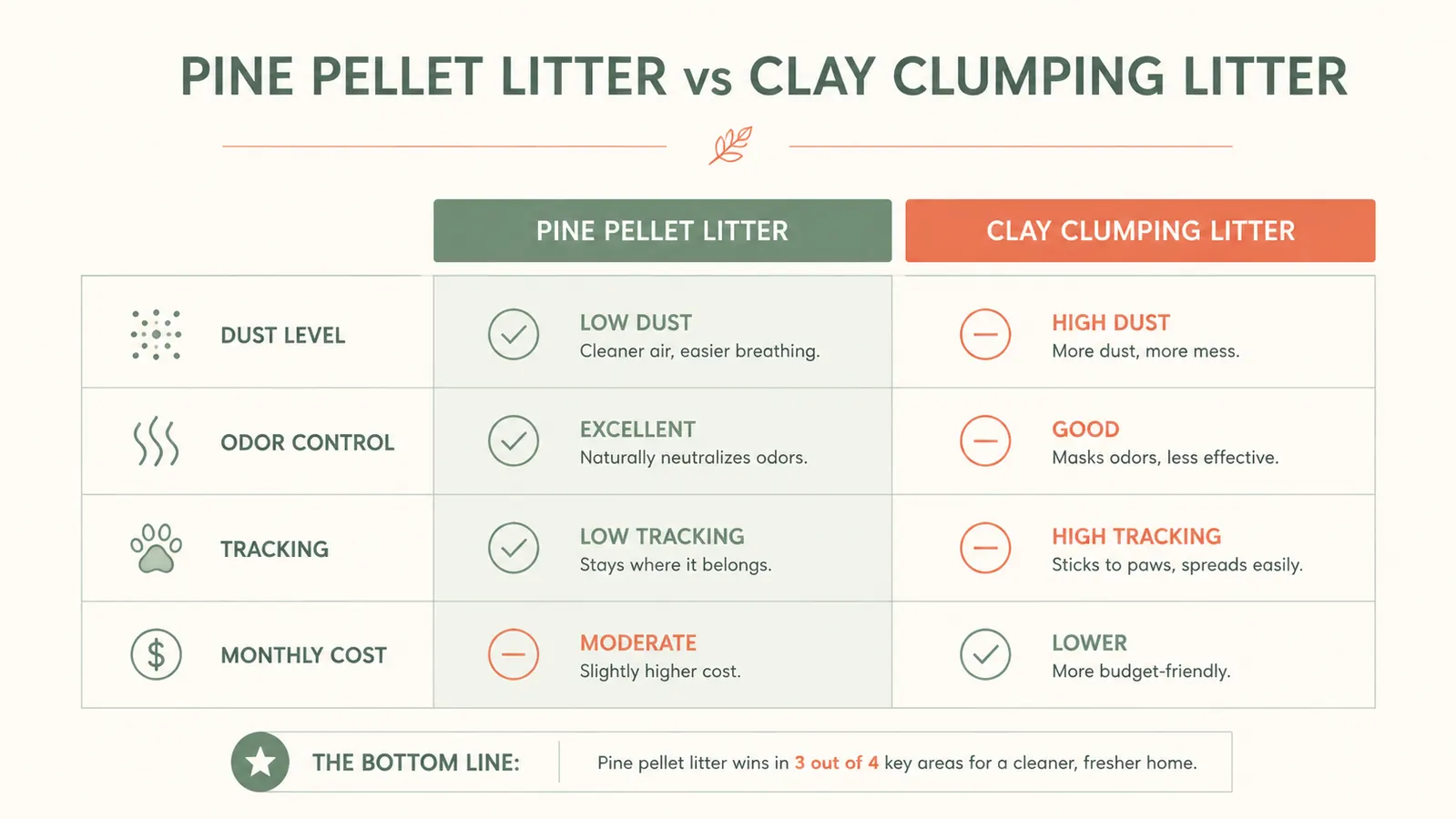 Side-by-side comparison chart of pine litter versus clay litter on dust, odor, tracking, and cost