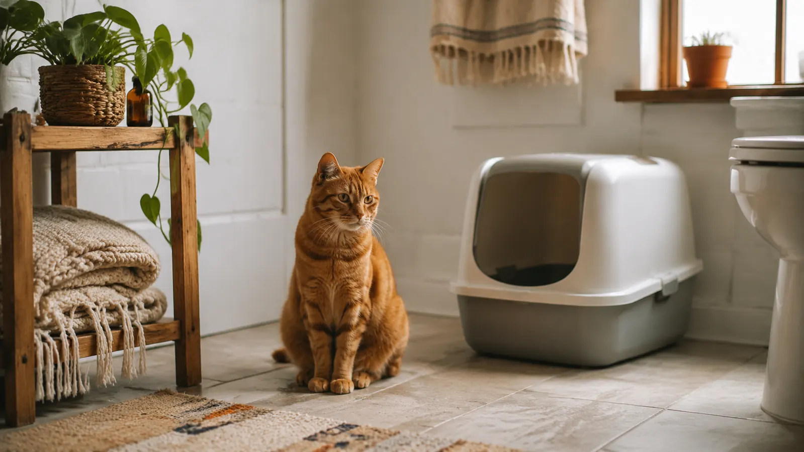 Orange tabby cat sitting contentedly next to a pine pellet litter box