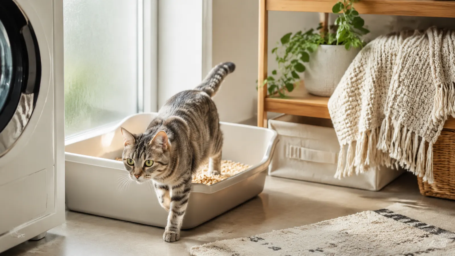 Gray tabby cat stepping out of a clean pine pellet litter box in a bright laundry room