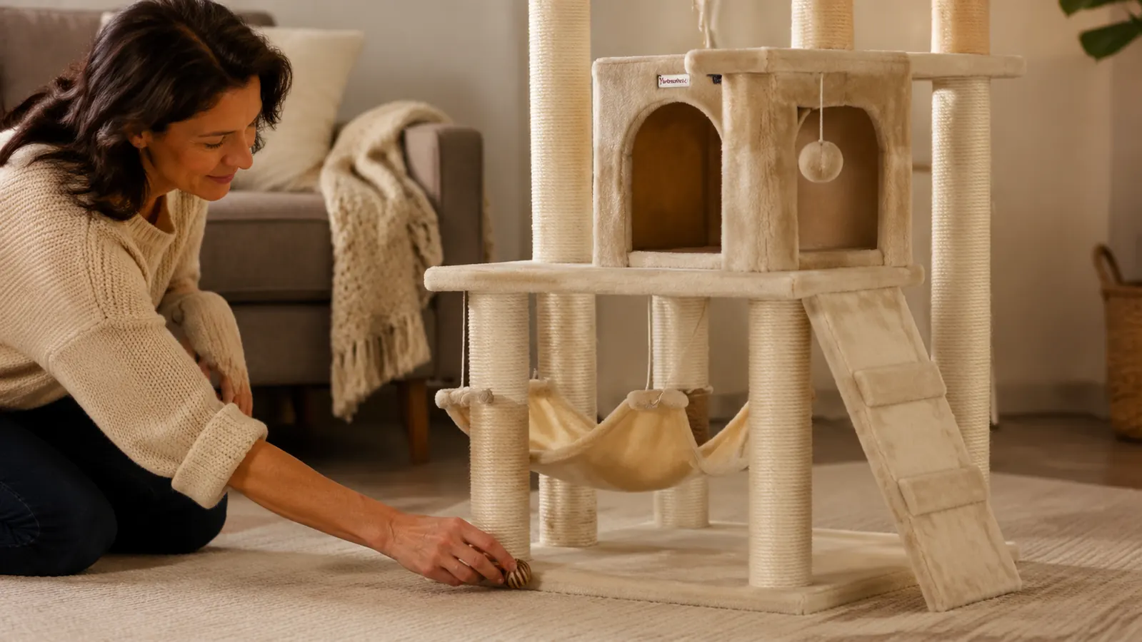 Orange cat using the sisal scratching post on a tall cat tree while ignoring a nearby sofa