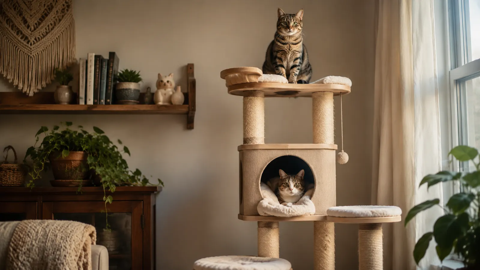 Two cats on different platforms of a tall cat tree, one in a condo cubby and one on an upper perch