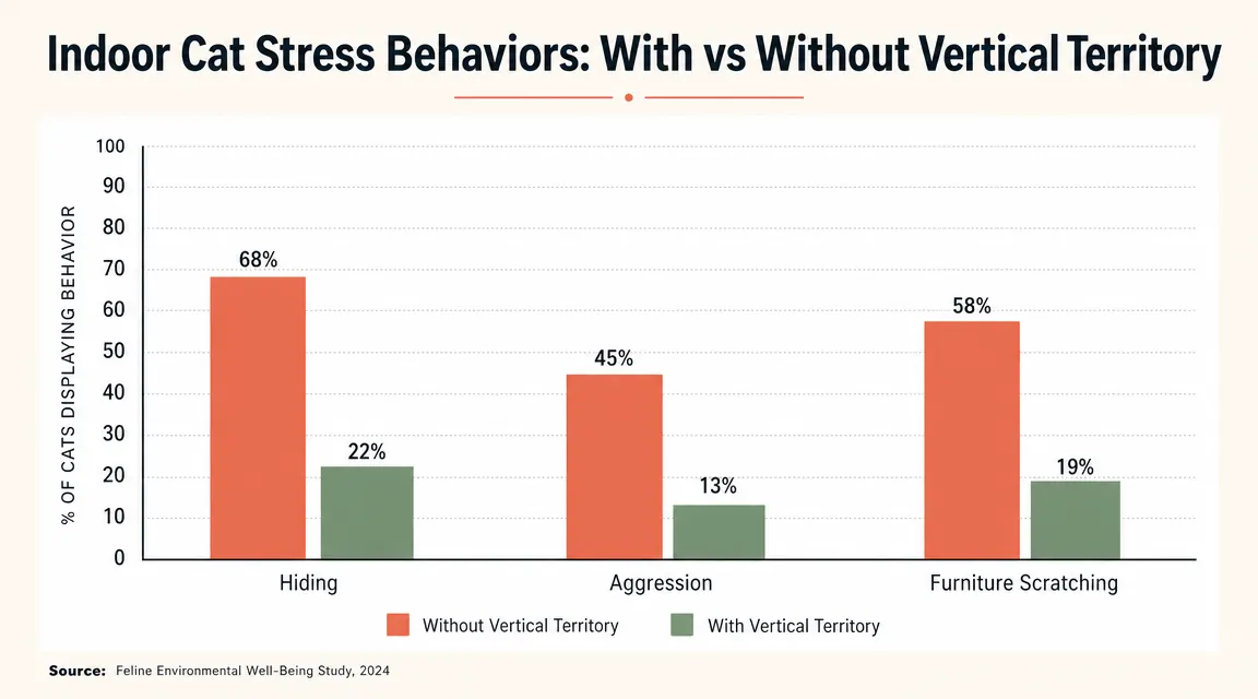 Chart comparing stress behaviors in indoor cats with and without vertical territory like a cat tree