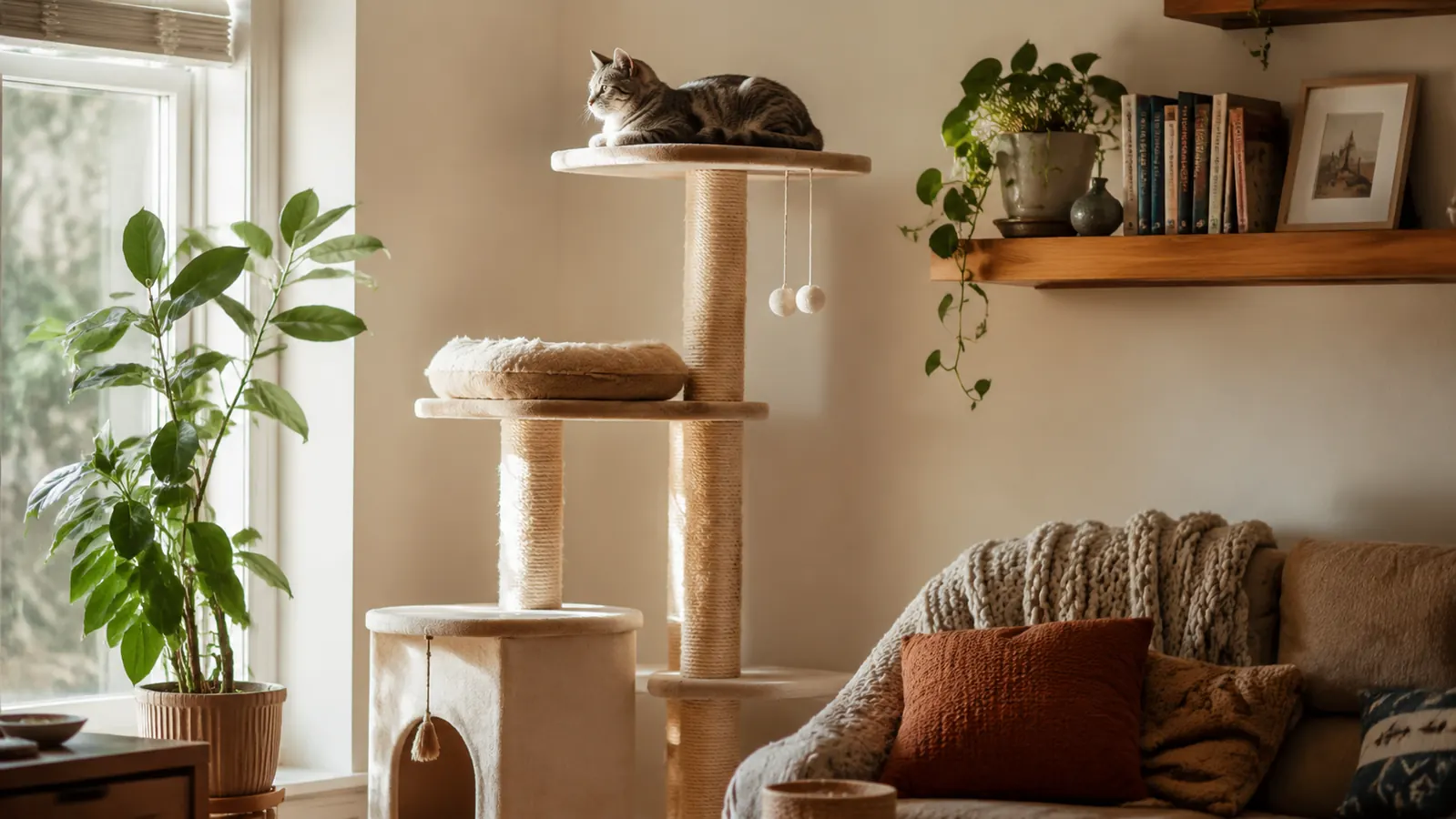 Tall beige cat tree near a sunny window with a tabby cat perched on the top platform surveying the room
