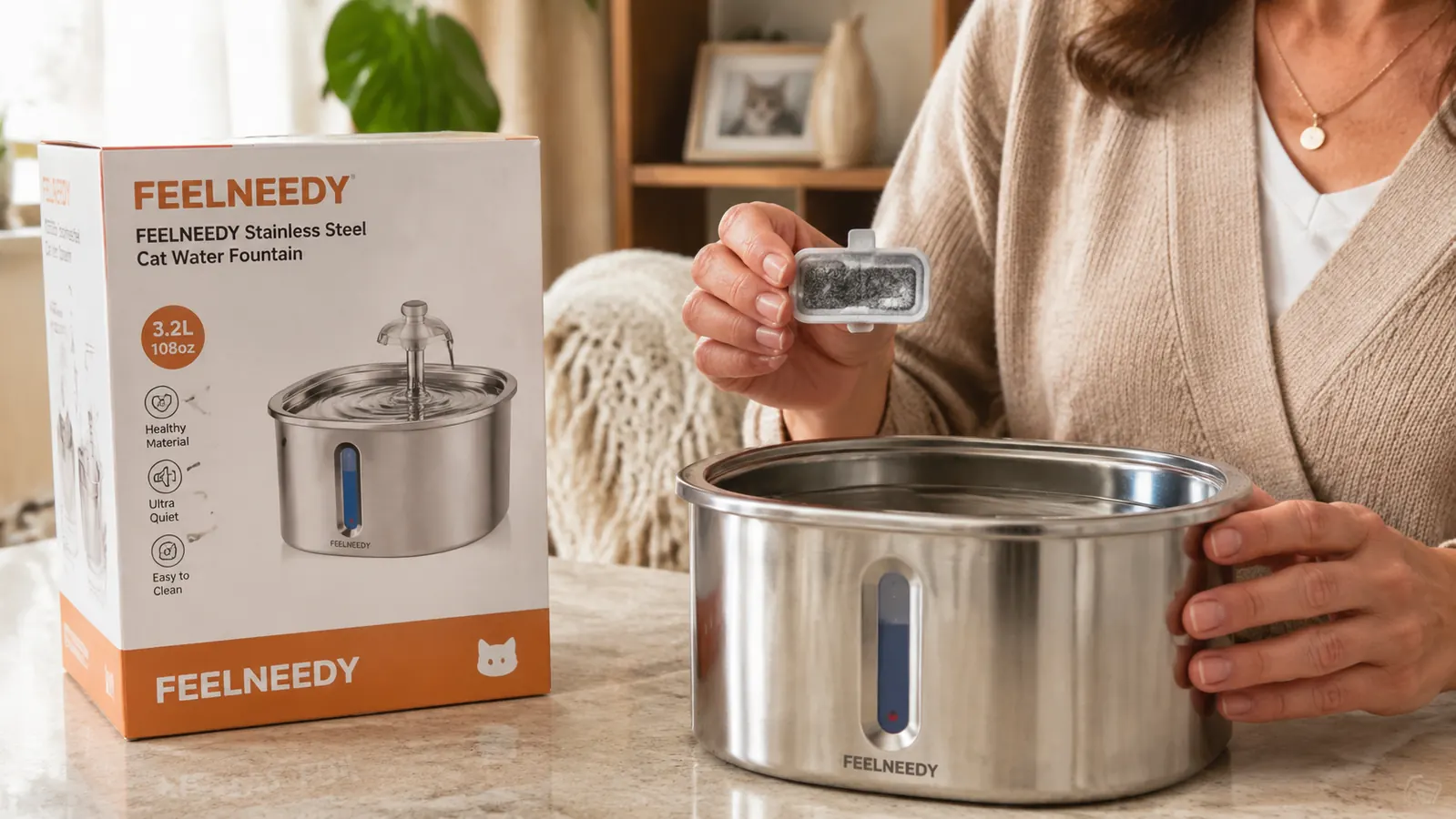 Hand holding a FEELNEEDY replacement filter next to the open stainless fountain base
