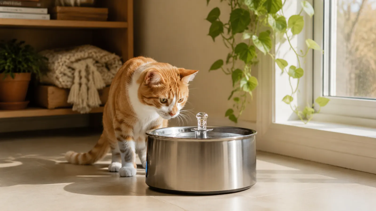 Orange tuxedo cat sniffing a stainless steel water fountain placed near a window