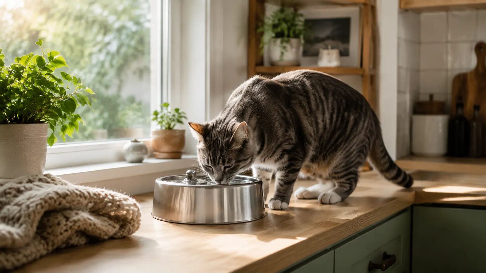 FEELNEEDY stainless steel cat fountain on a kitchen counter with a gray tabby cat drinking from the stream