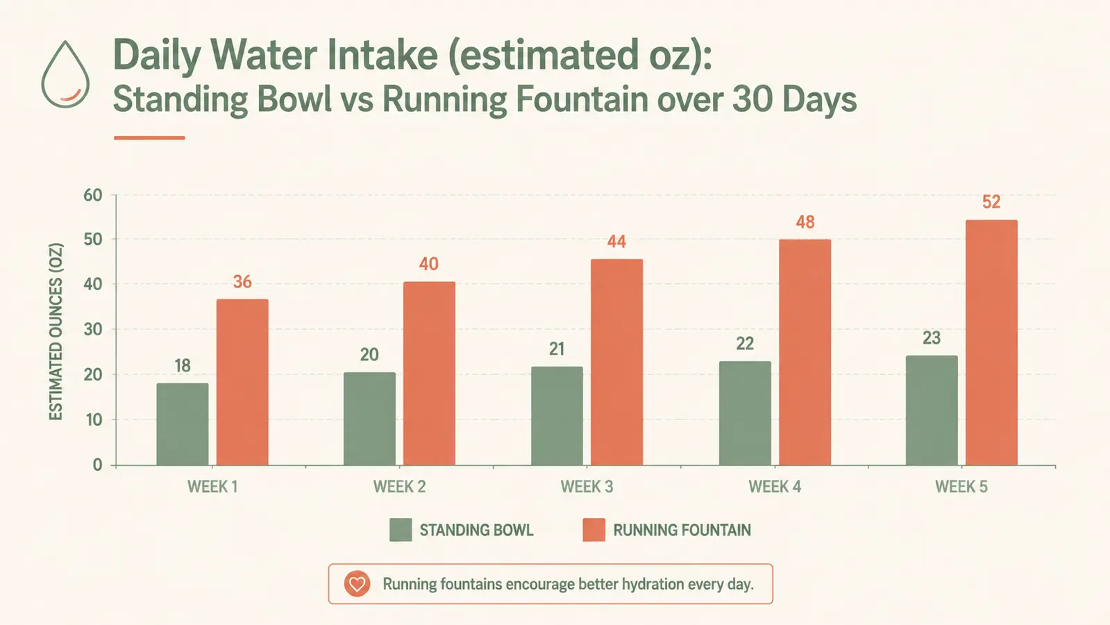 Chart showing daily water intake comparison: bowl average versus fountain average over 30 days