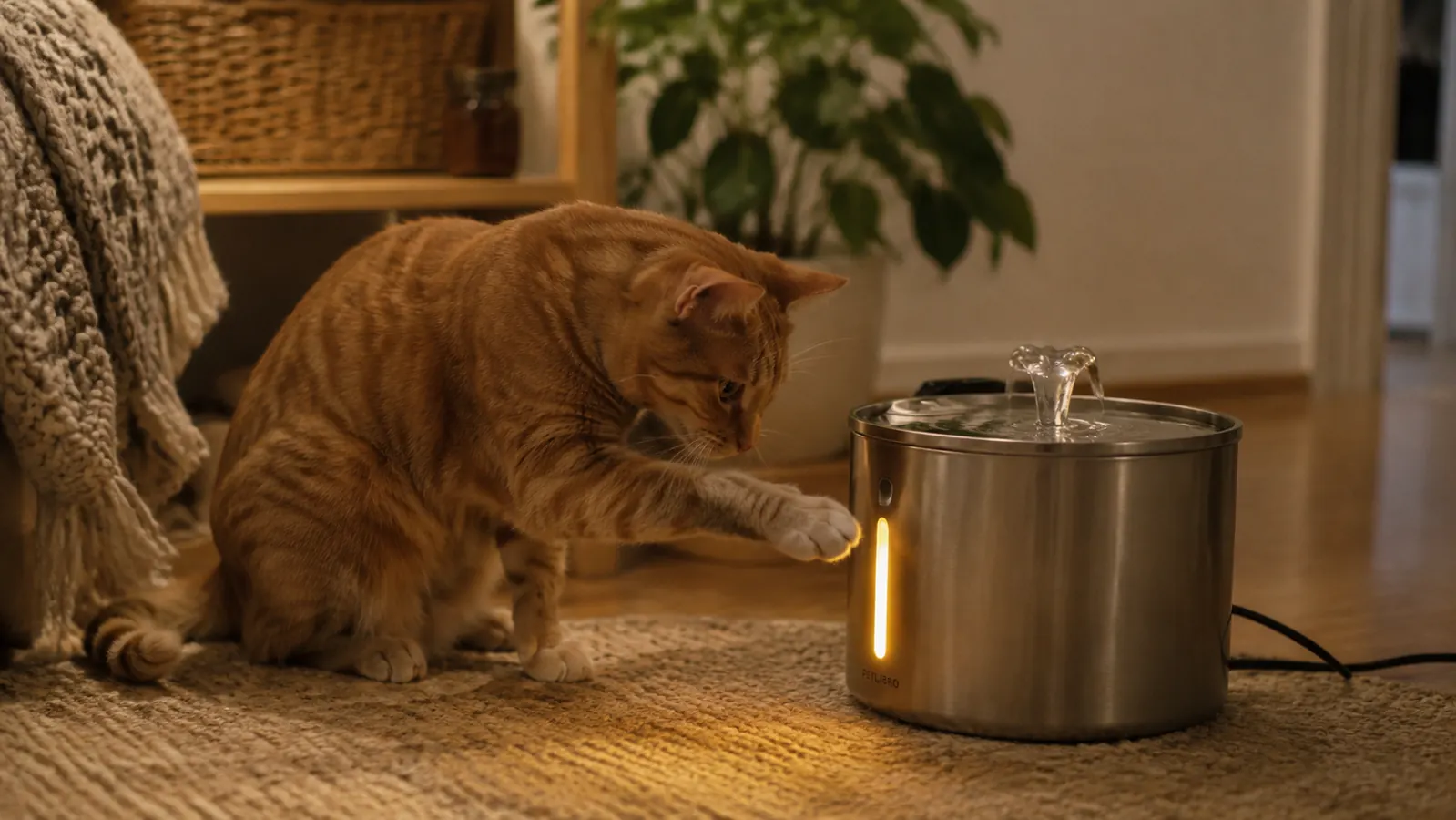 Orange tabby cat pawing at the LED water level window on the side of a stainless steel cat fountain