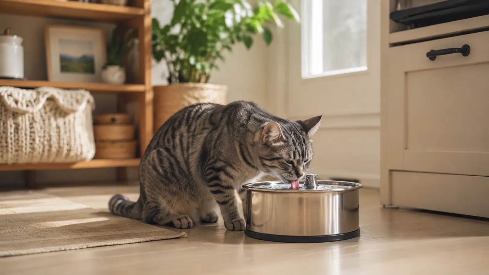 Stainless steel cat water fountain on a kitchen floor with a gray tabby cat drinking from it