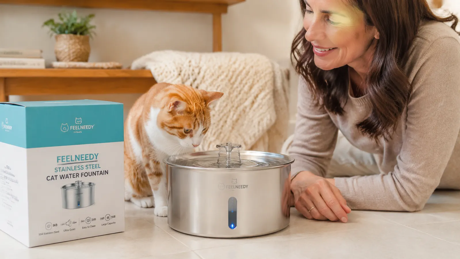 FEELNEEDY stainless steel cat fountain with LED water level indicator glowing blue, orange cat sniffing the water stream