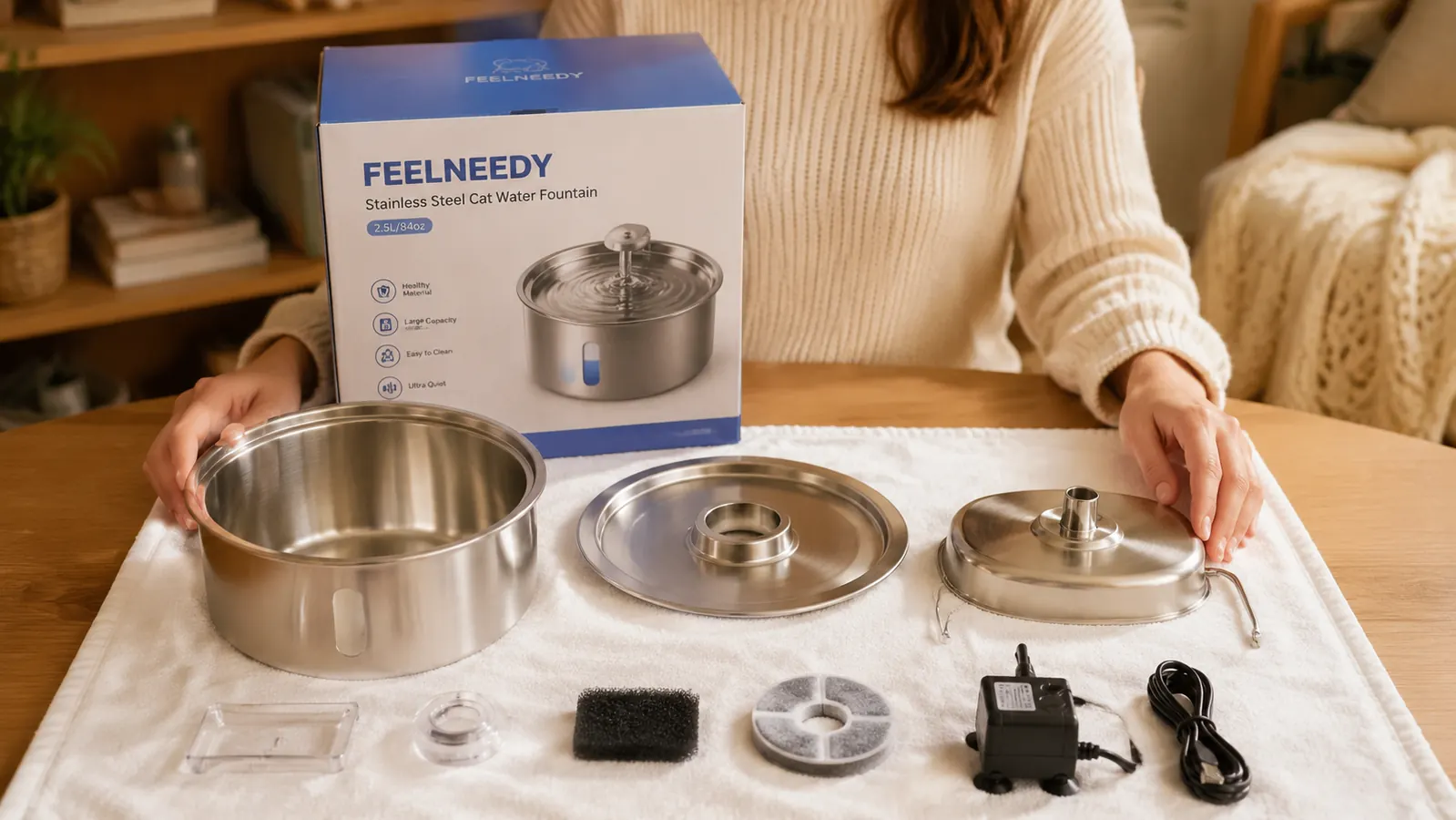Cat water fountain disassembled on a white kitchen towel showing the pump, filter, and stainless bowl components