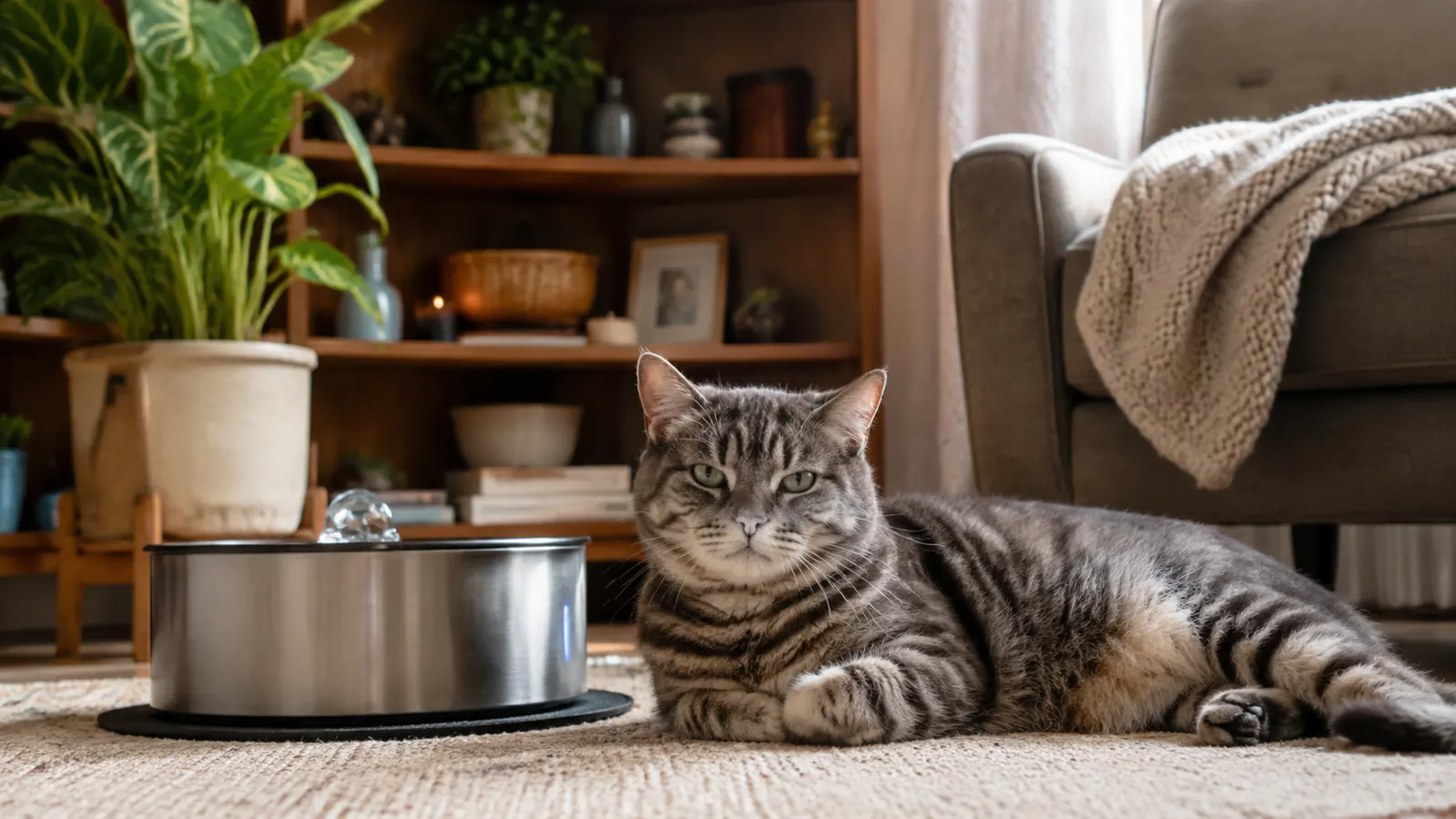 Gray tabby cat sitting beside a stainless steel water fountain in a cozy living room, looking relaxed