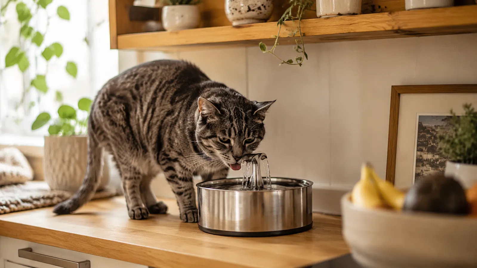 Gray tabby cat drinking from a stainless steel pet water fountain on a kitchen counter, soft morning light