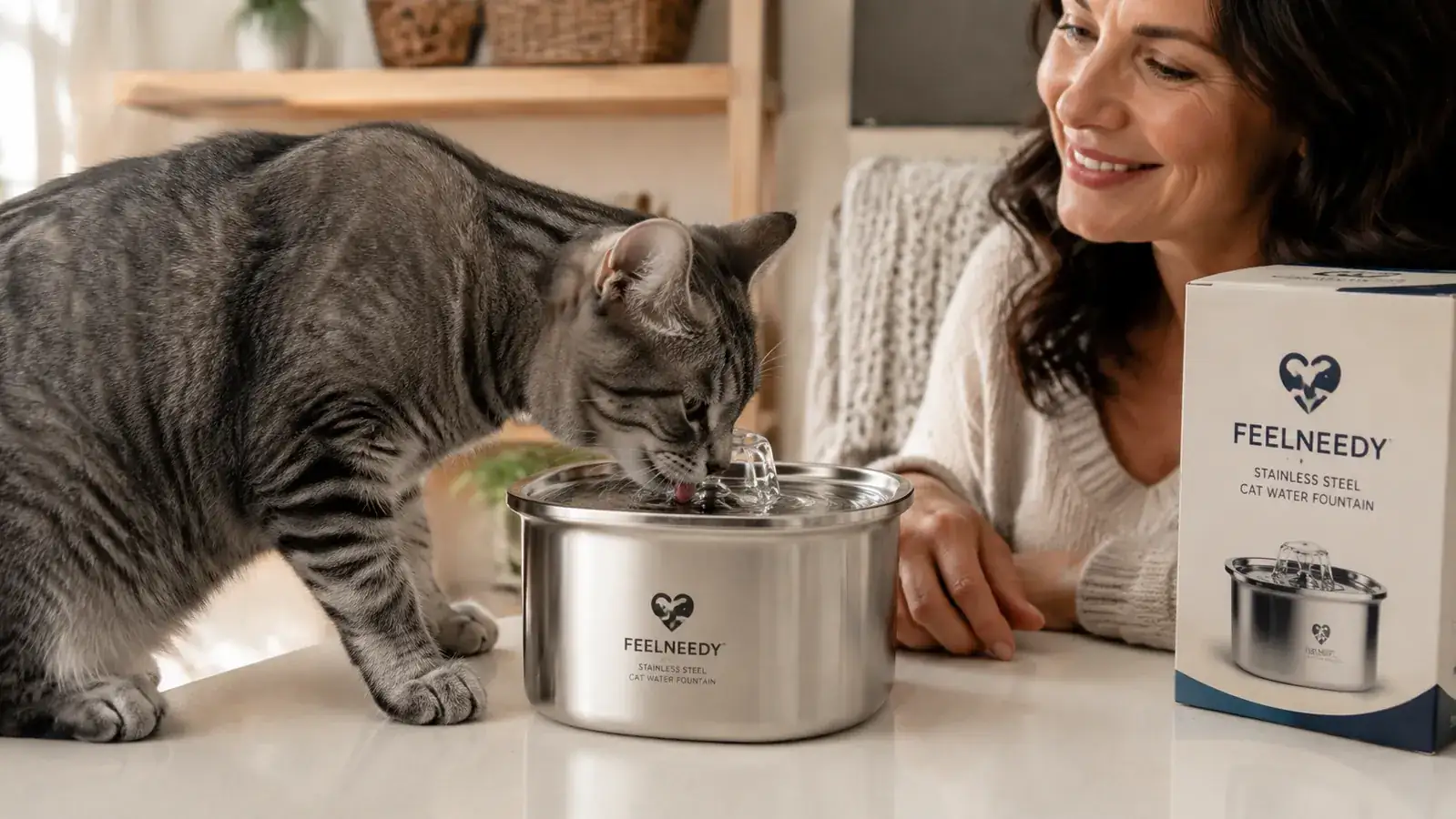 Gray tabby cat drinking from a stainless steel cat water fountain