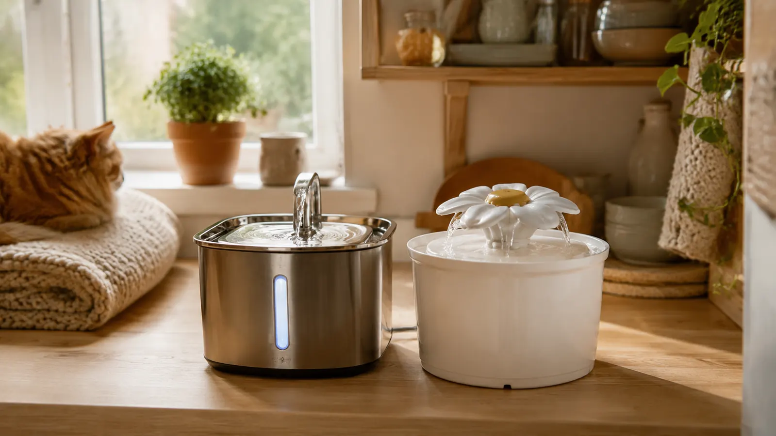 Two cat water fountains side by side on a kitchen counter, one stainless steel and one white plastic with a flower top, soft natural light