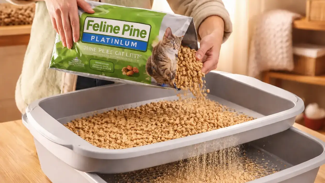 Hand pouring pine pellet litter into a sifting litter box, showing sawdust falling through the sieve