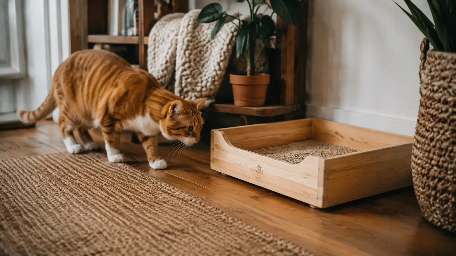 Orange tuxedo cat sniffing at a litter box from a safe distance, deciding whether to enter