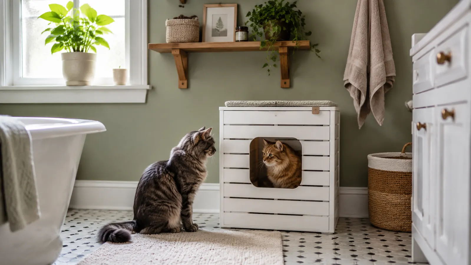 Two cats sitting near a clean litter box in a bright bathroom