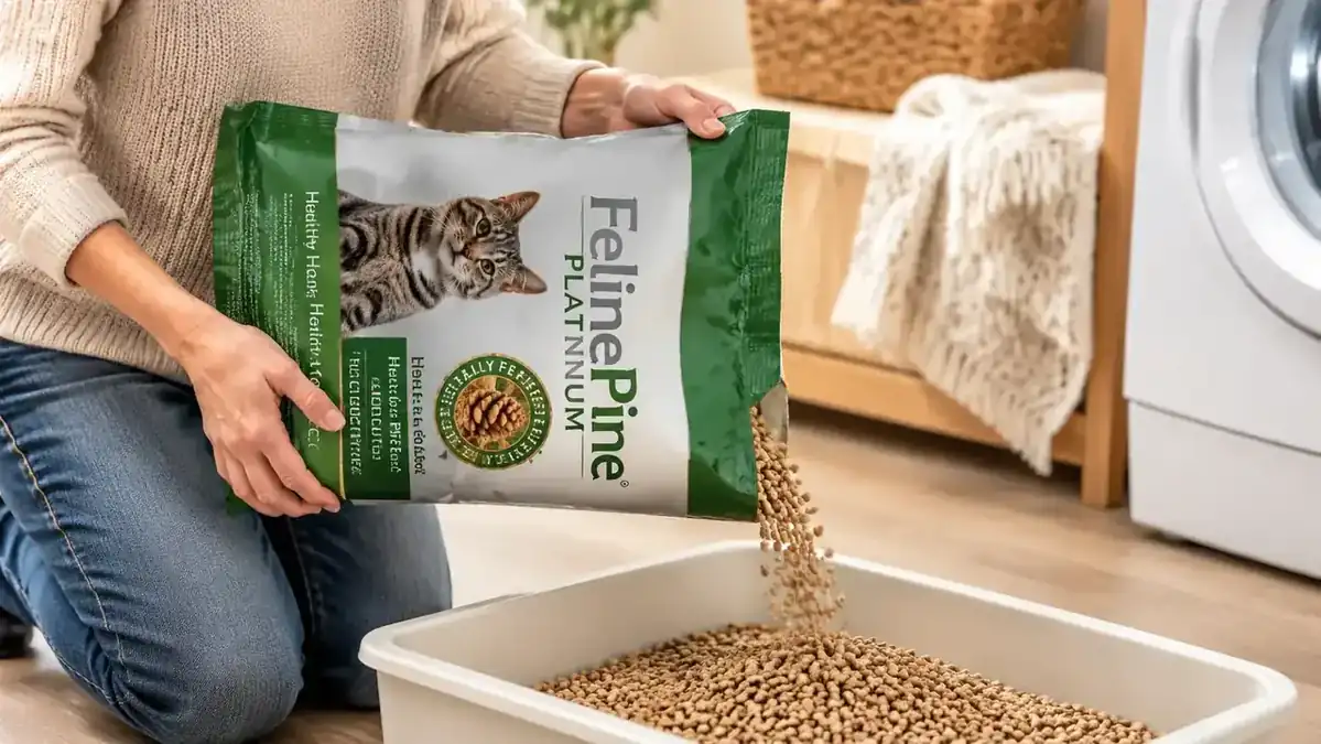 Hand scooping Feline Pine Platinum pellets from a 17lb bag into a litter box