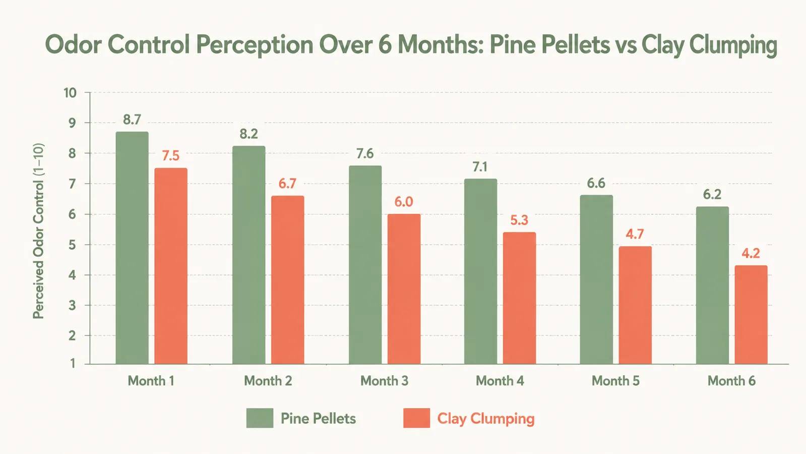 Chart showing litter odor control rating over six months for pine pellets versus clay