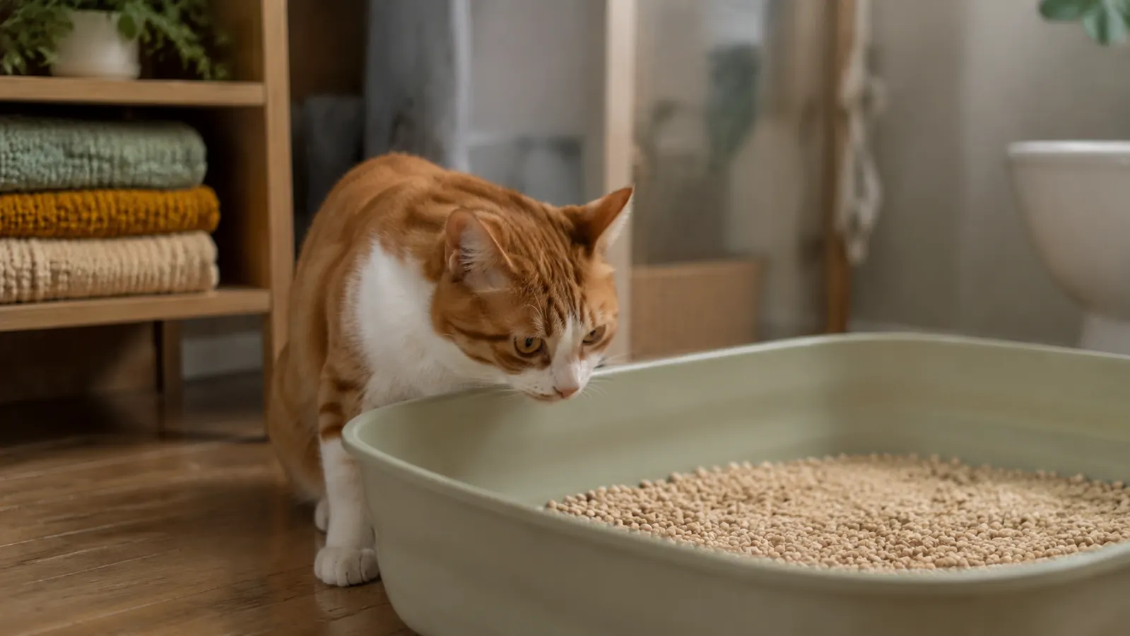 Orange tuxedo cat investigating a pine pellet litter box from the side