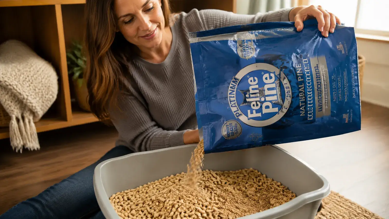 Close-up of pine pellets broken down into sawdust at the bottom of a litter box