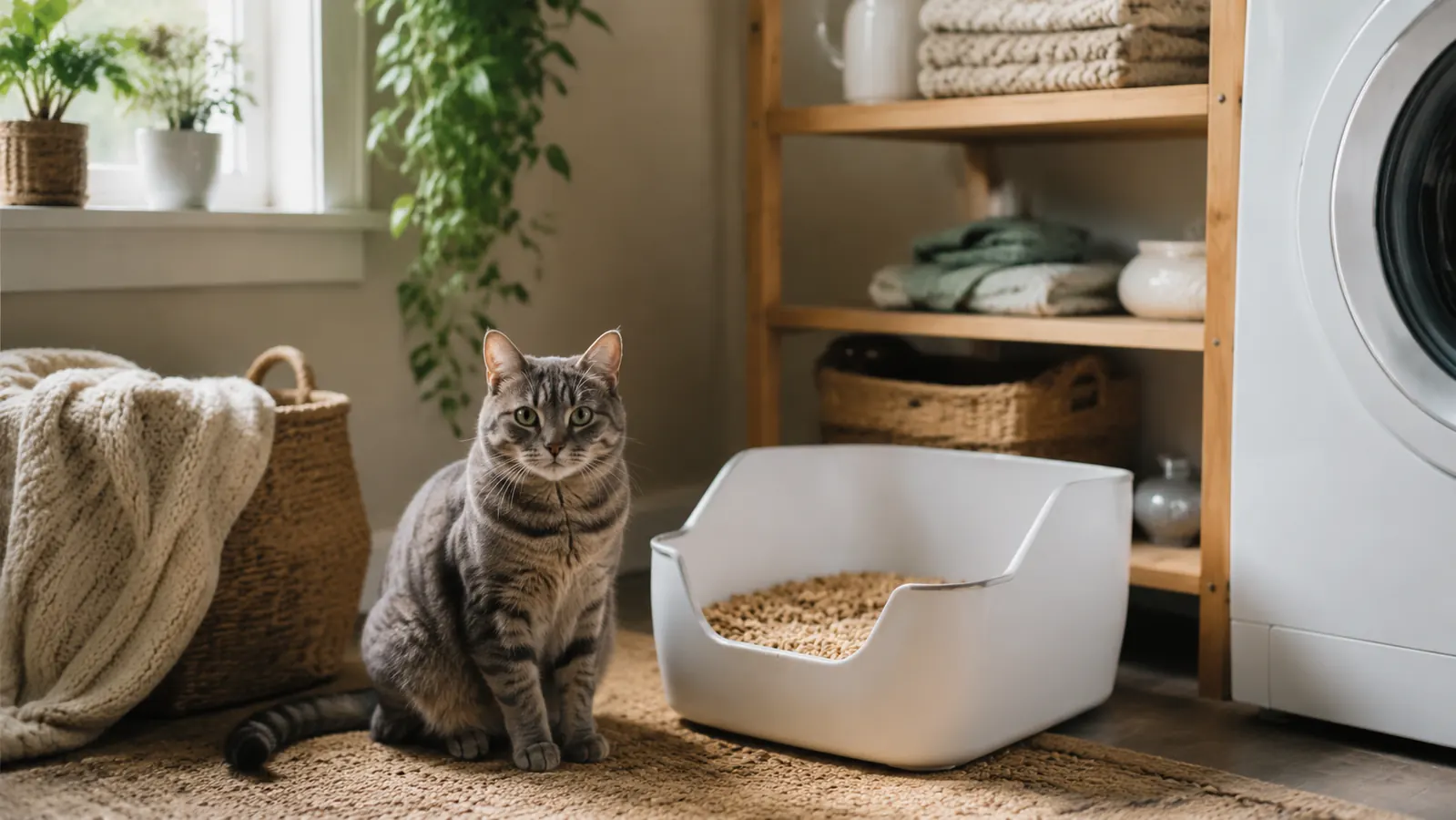 Gray tabby cat sitting beside a clean pine pellet litter box on a laundry room floor