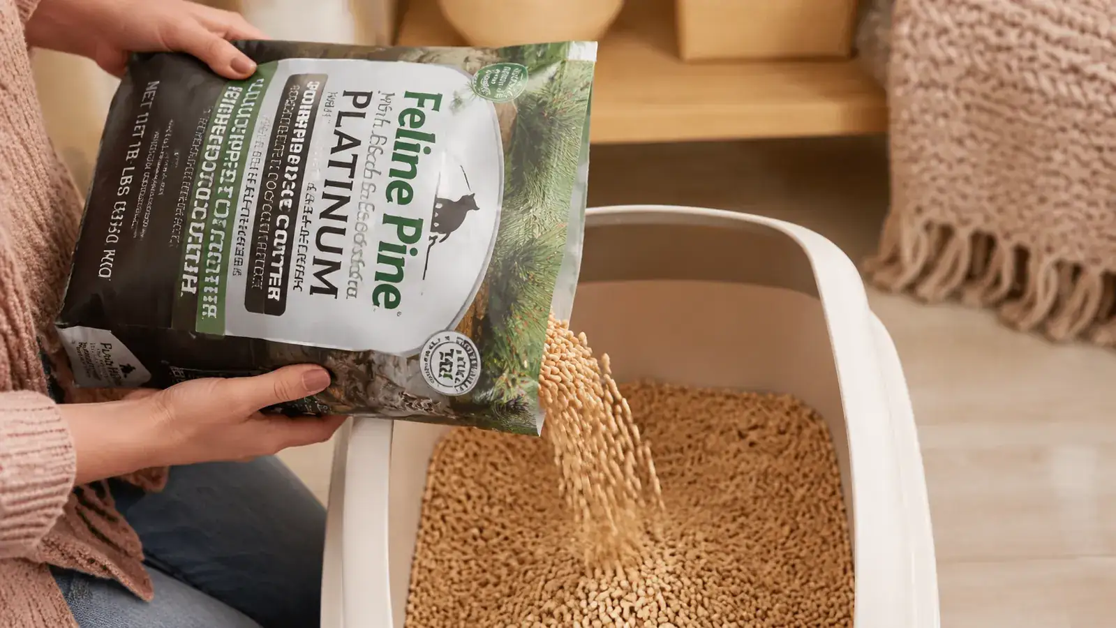 Hands pouring pine pellet cat litter from a bag into a litter box, pale wood-toned pellets visible