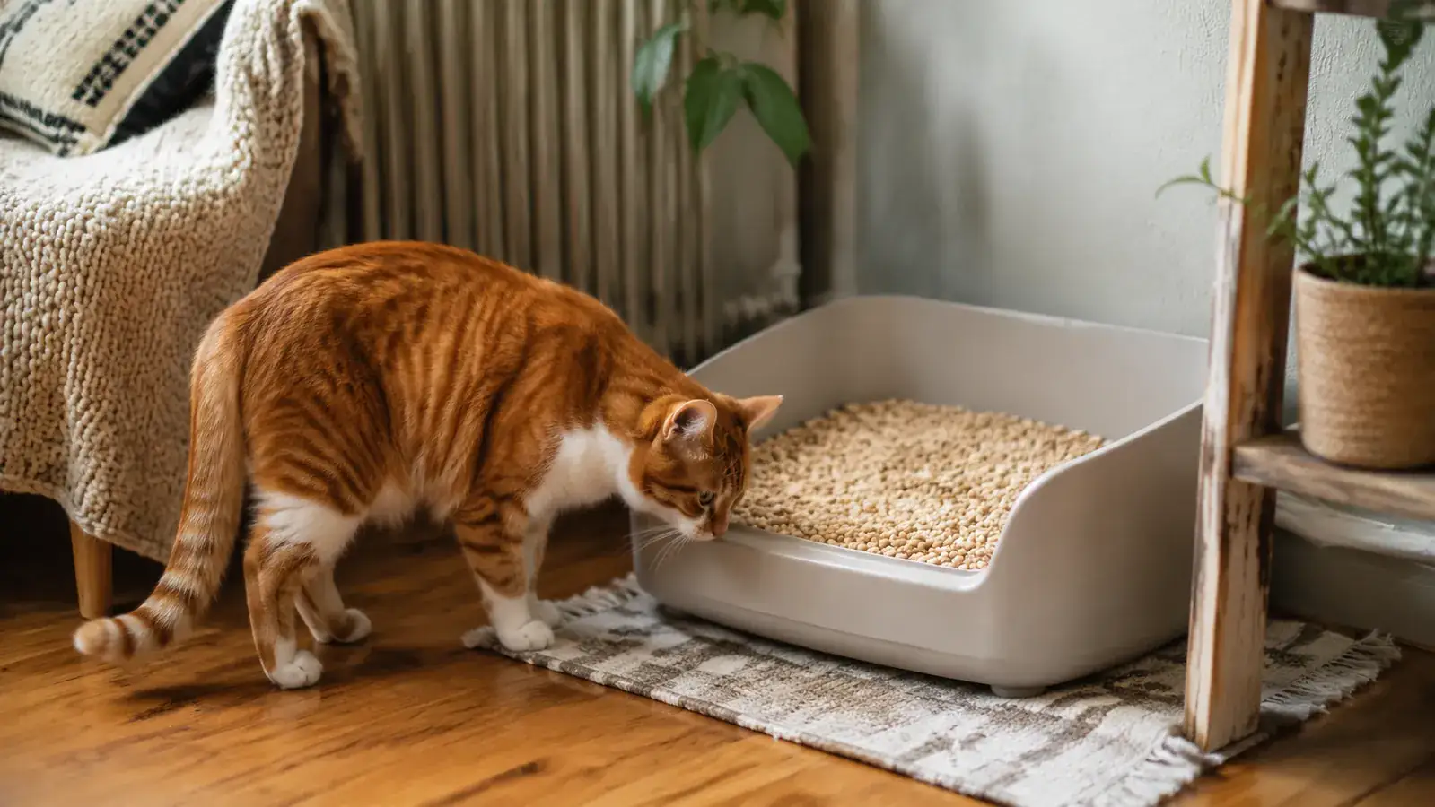 Orange and white cat investigating a litter box with pine pellets, curious expression, hardwood floor nearby