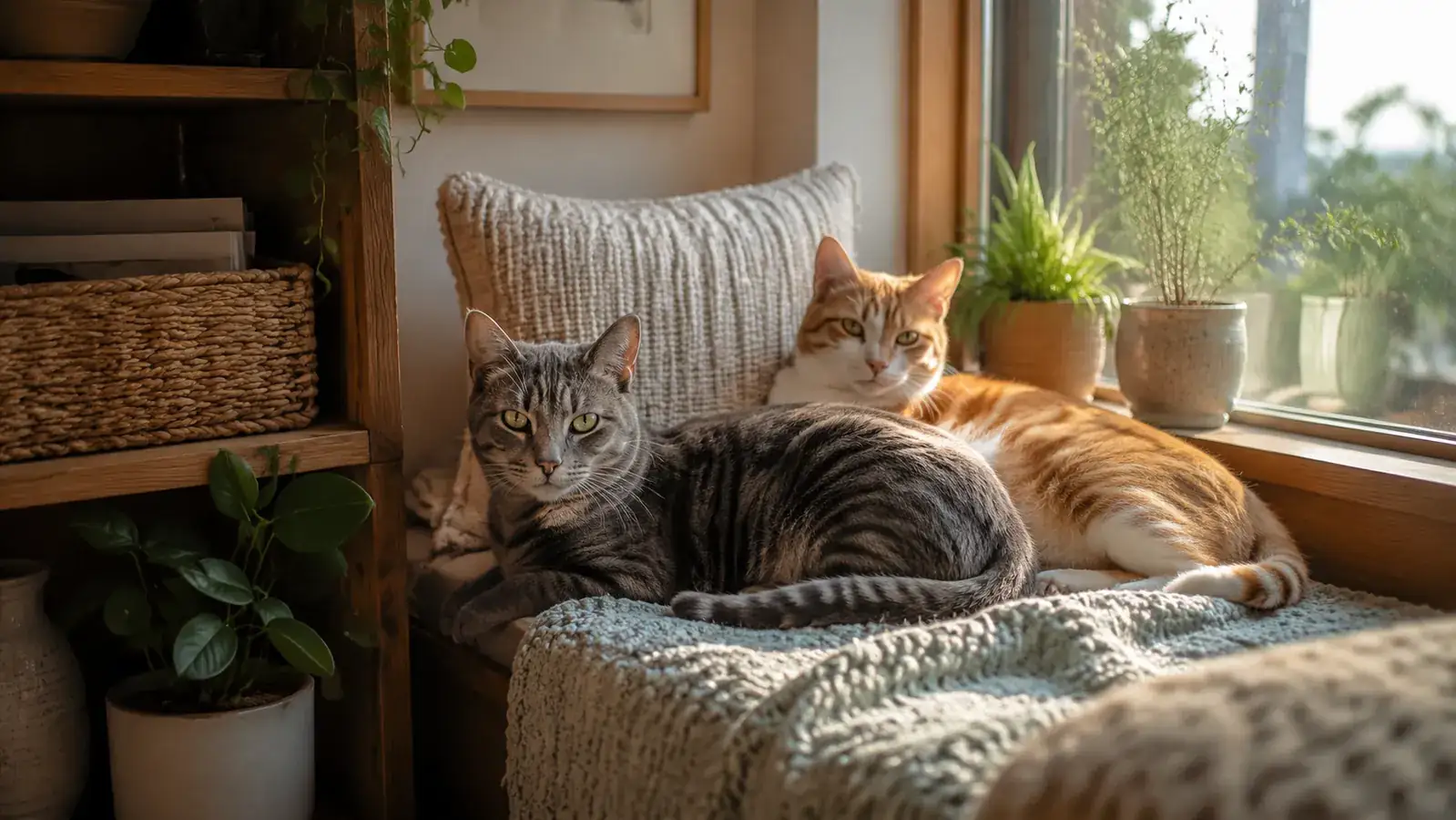 Two cats lounging together on a window seat, gray tabby and orange tuxedo, indoor scene with plants on the sill