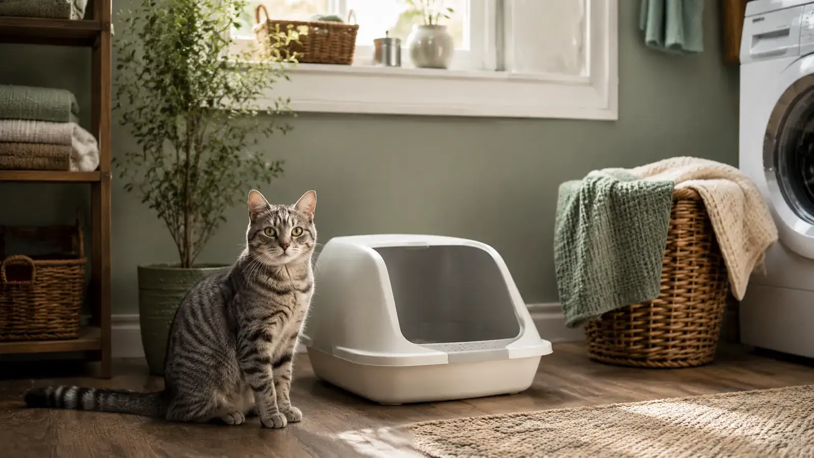Gray tabby cat sitting beside a clean litter box in a bright laundry room, morning light coming through the window