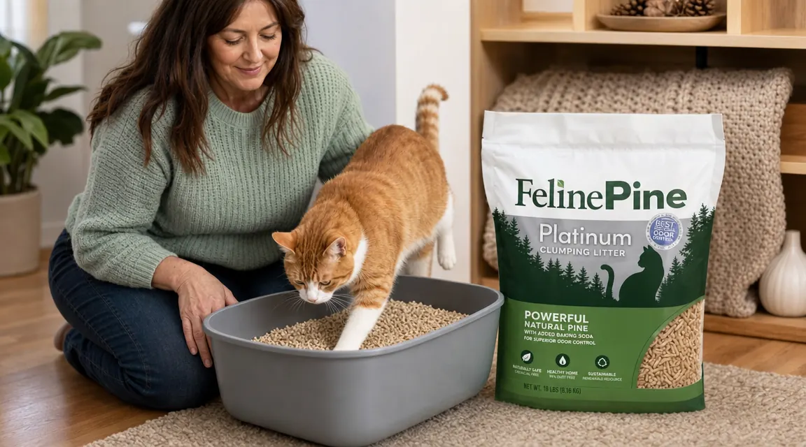 Close-up of a cat paw stepping onto pine pellet litter in a white box, showing minimal dust