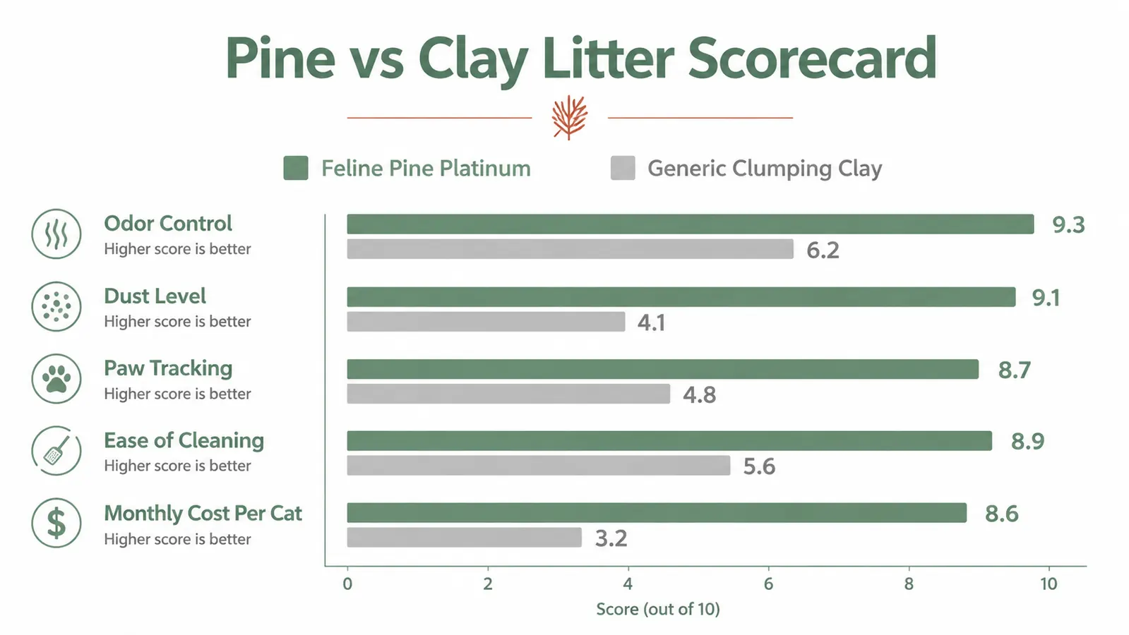Comparison chart showing pine litter versus clay litter scores across five categories