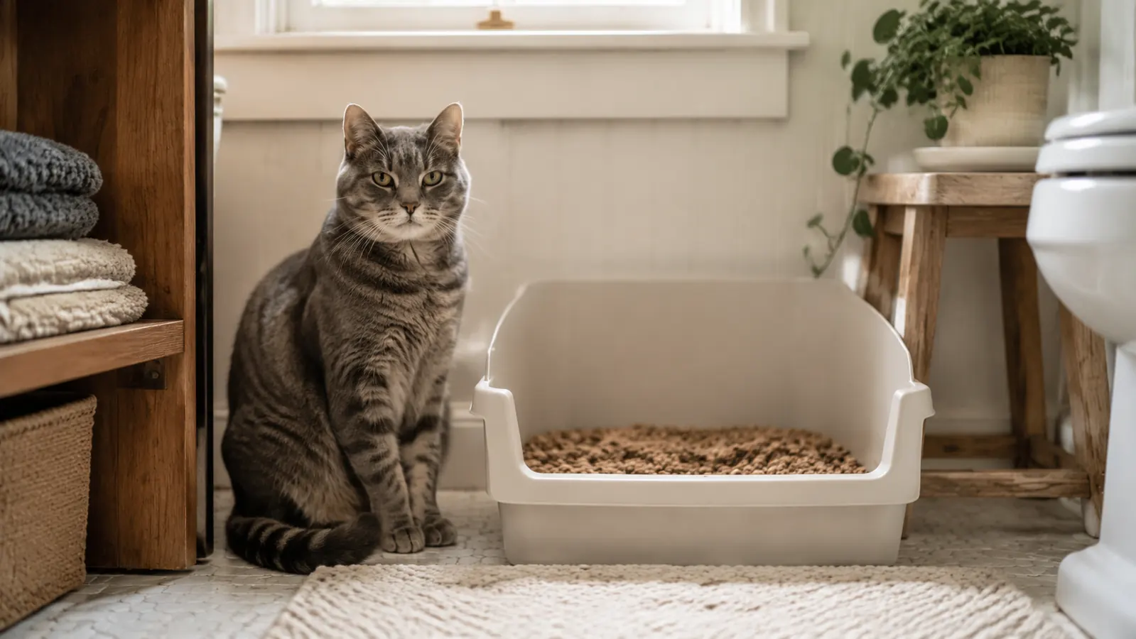 Gray tabby cat sitting beside a clean litter box with pine pellets, looking relaxed in a bathroom corner