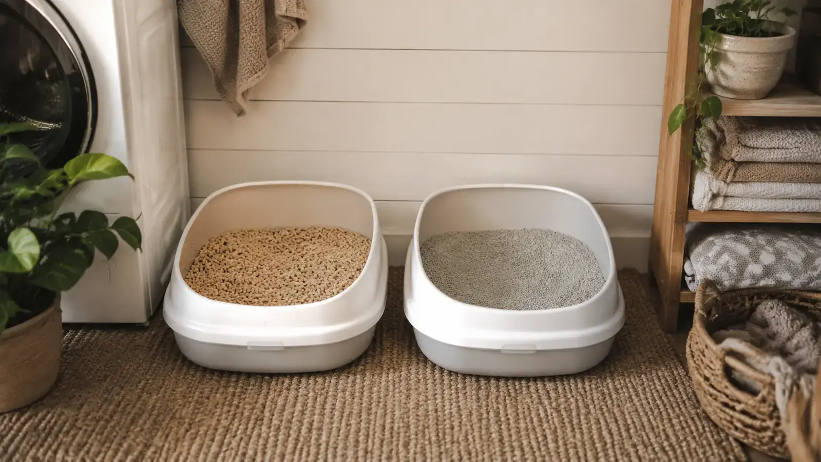 Two litter boxes side by side on a laundry room floor, one filled with pine pellets and one with gray clay clumping litter