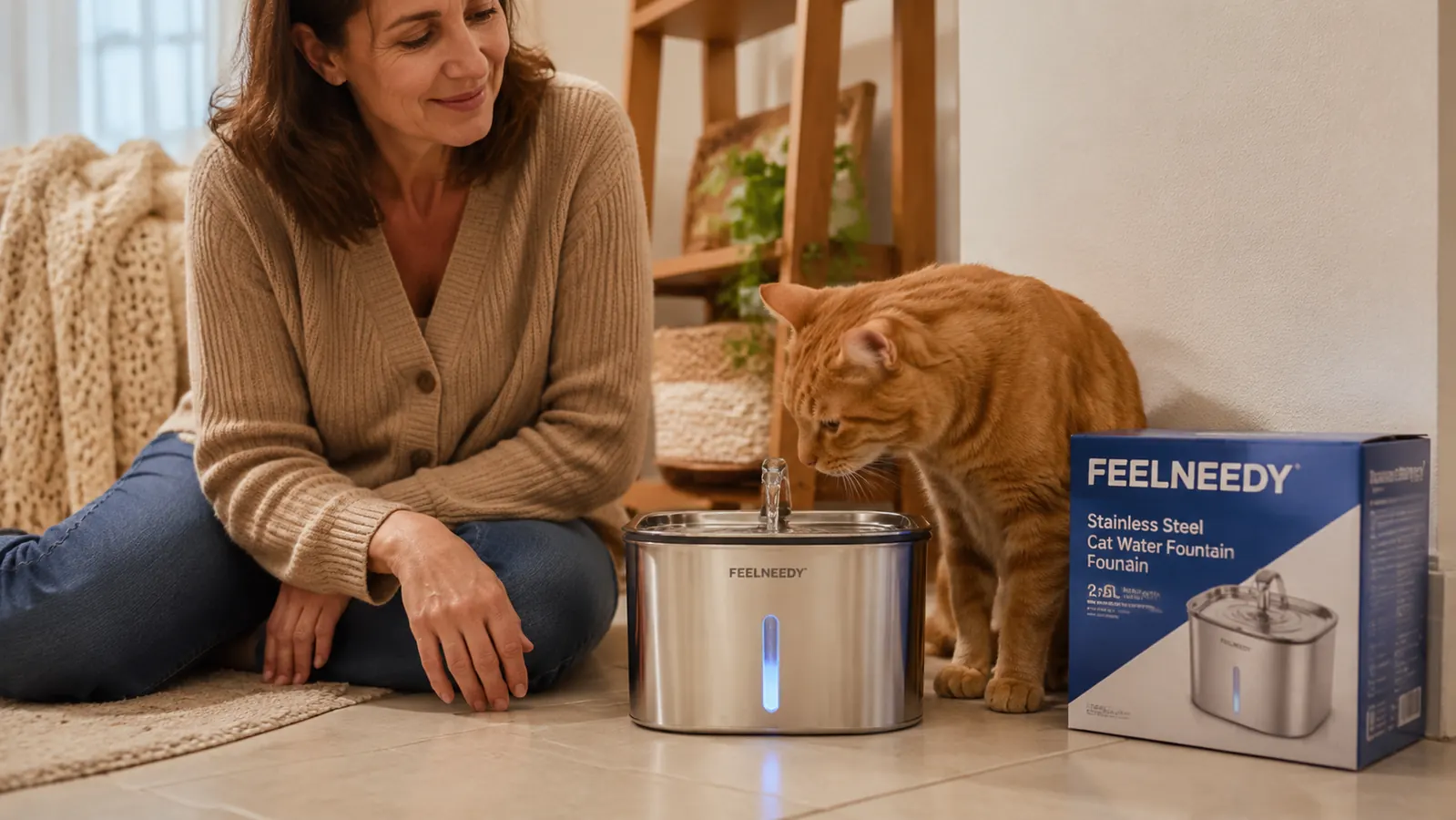 FEELNEEDY stainless steel cat fountain with LED water level indicator lit up on a countertop