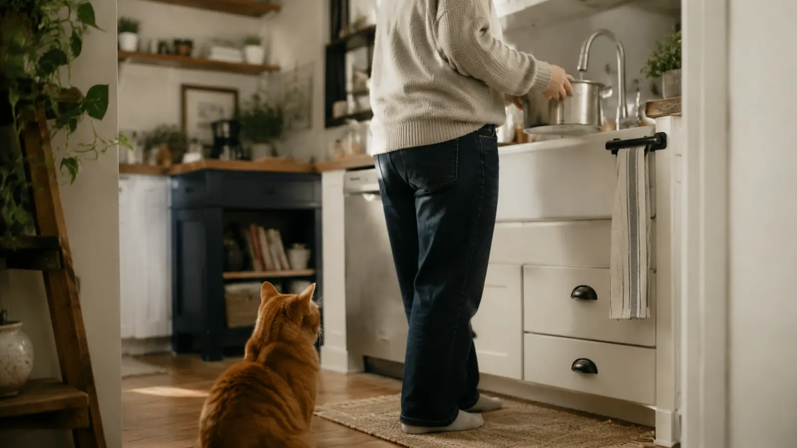 Orange tabby cat sitting next to a stainless steel water fountain while a person refills it at a sink
