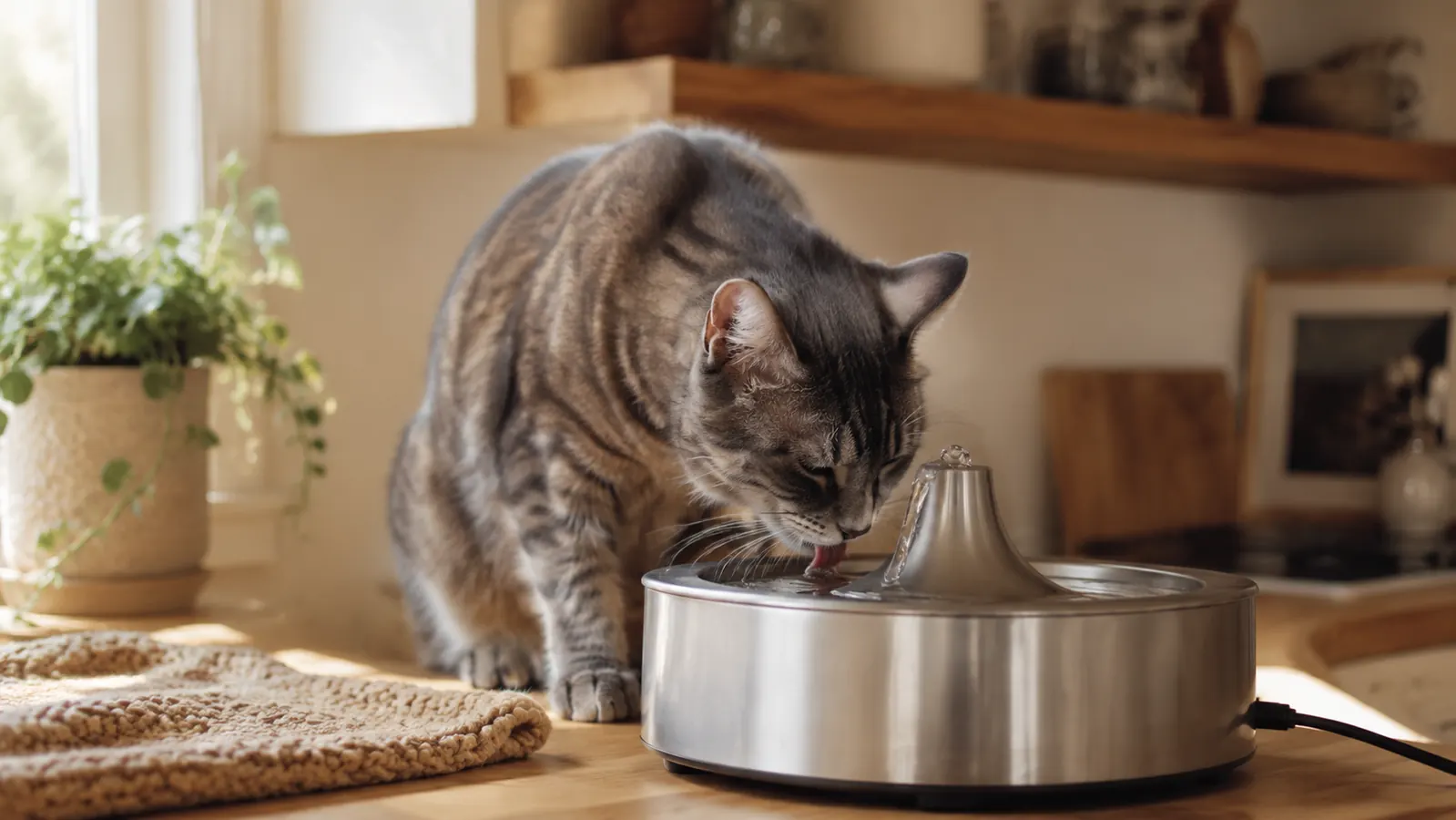 Gray tabby cat drinking from a stainless steel pet water fountain on a kitchen counter