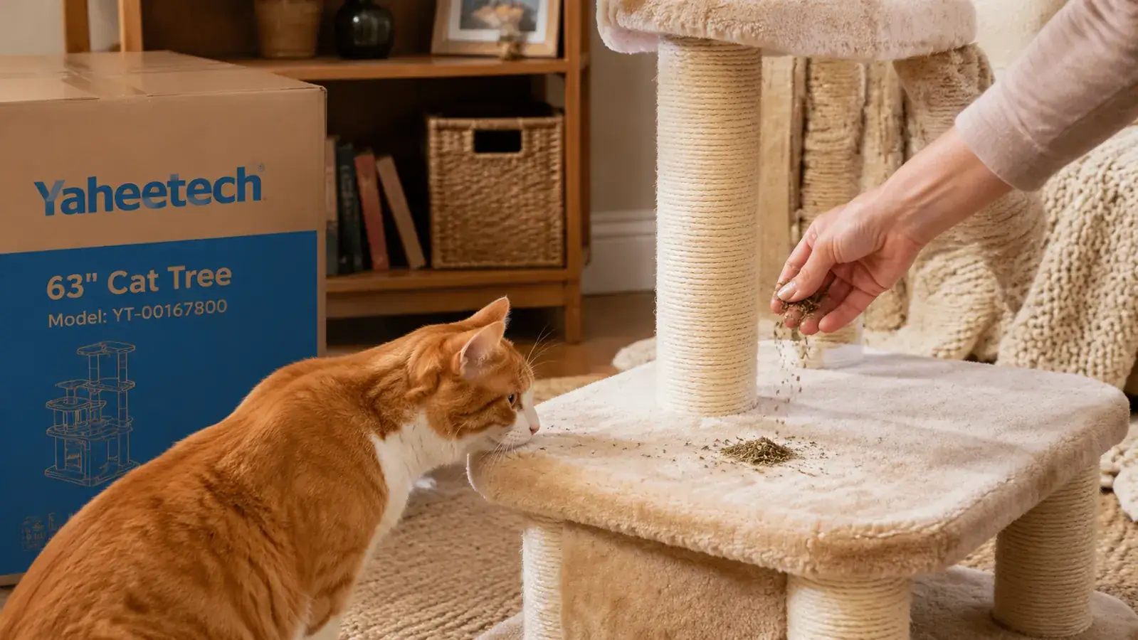Orange cat sniffing the base of a Yaheetech cat tree while a hand sprinkles catnip on the lower platform
