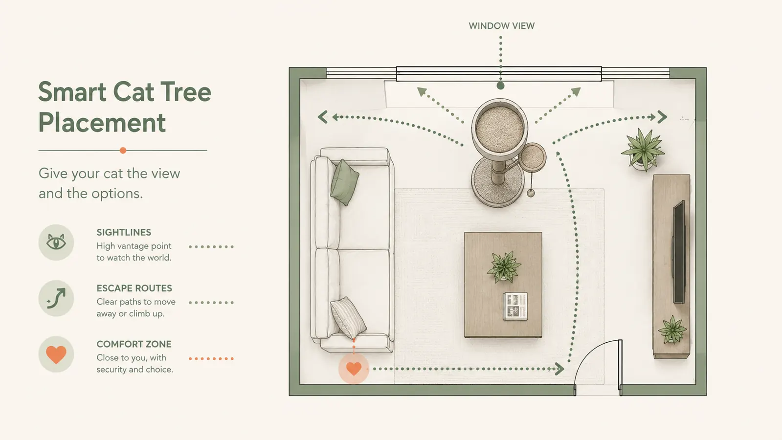 Cat tree floor plan diagram showing optimal placement near window and away from wall corners